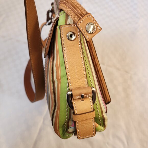 Fossil 100% Leather Beige/ Multicolor Strips Crossbody Bag - Picture 7 of 16